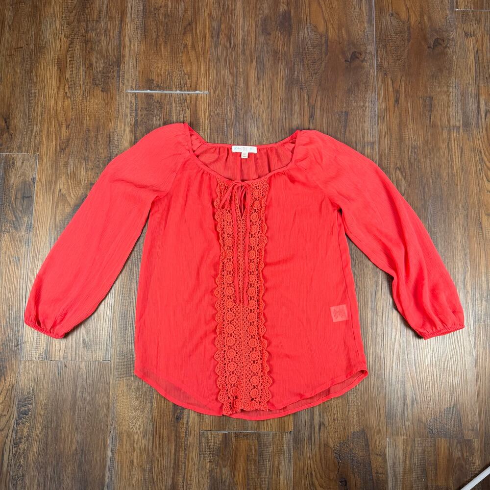 Love Fire XS salmon pink sheer blouse front tie embroidered crochet 3/4 sleeve